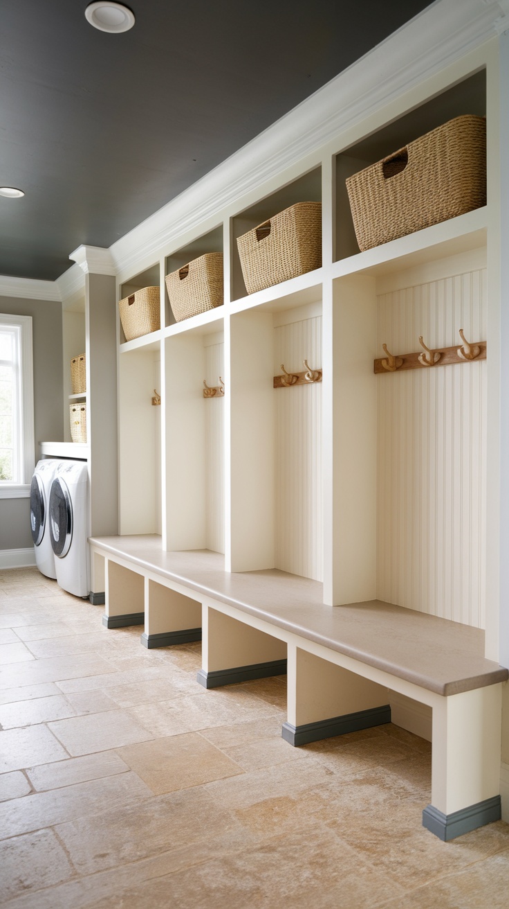 A modern farmhouse storage area with baskets and hooks, ideal for organization.