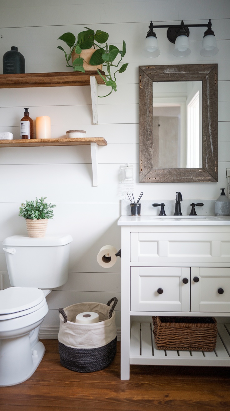 A stylish farmhouse bathroom featuring wooden shelves, white cabinetry, and decorative plants.