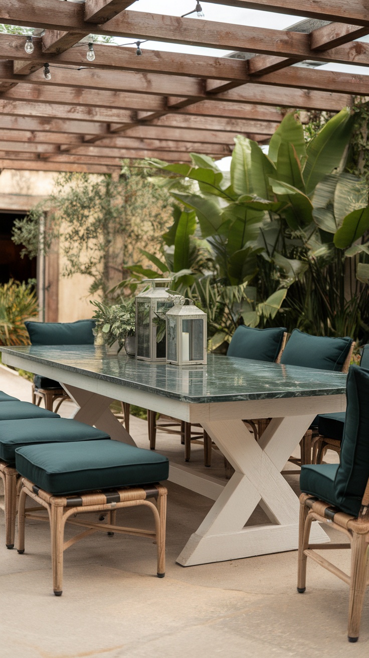 A stylish outdoor dining area with a wooden table and green cushions surrounded by plants.