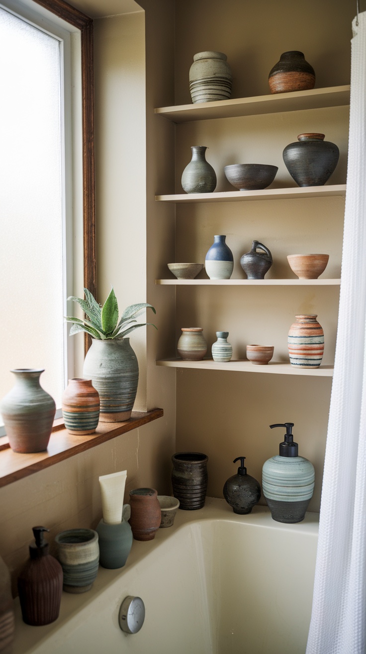 A collection of handcrafted pottery and ceramics displayed on shelves in a bathroom setting.