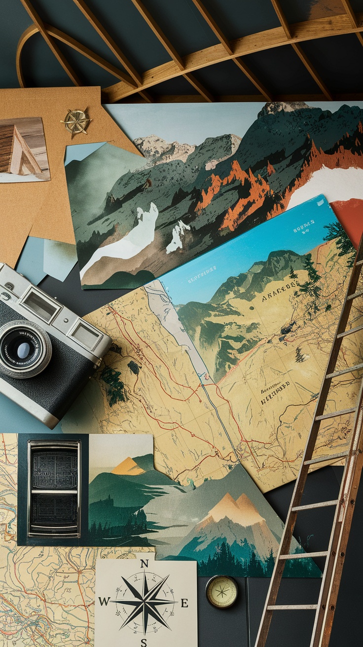 A collection of maps, a compass, and a vintage camera artfully arranged on a flat surface