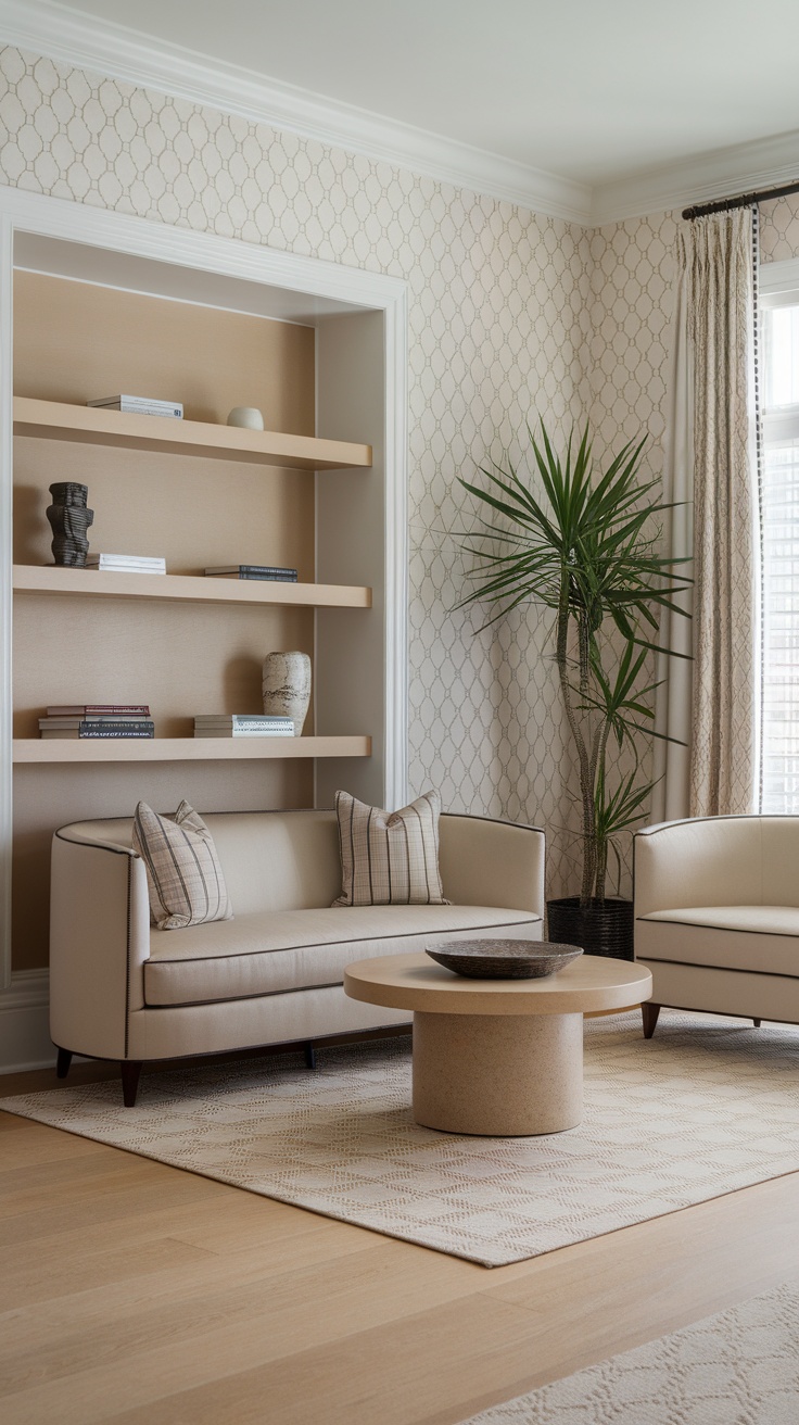 A serene living room with neutral tones, modern furniture, and a touch of greenery.