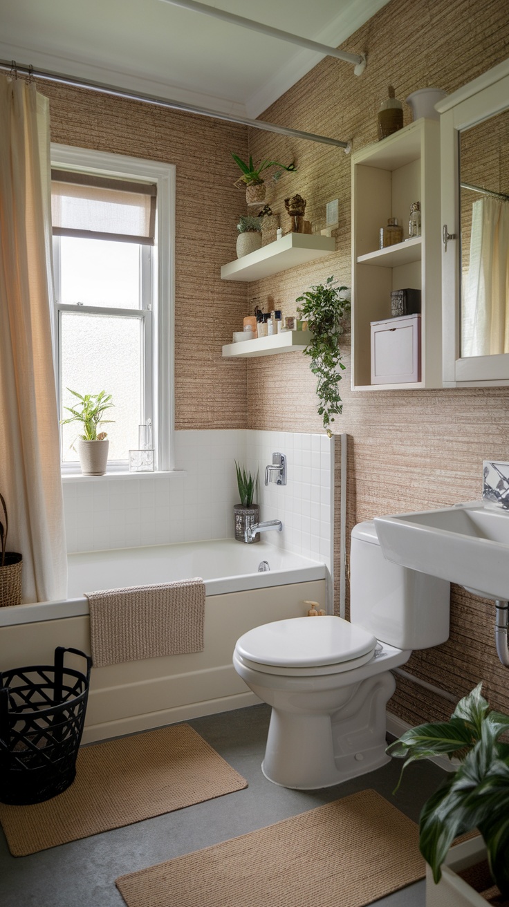 Cozy small bathroom with innovative storage solutions, featuring shelves, plants, and stylish decor.