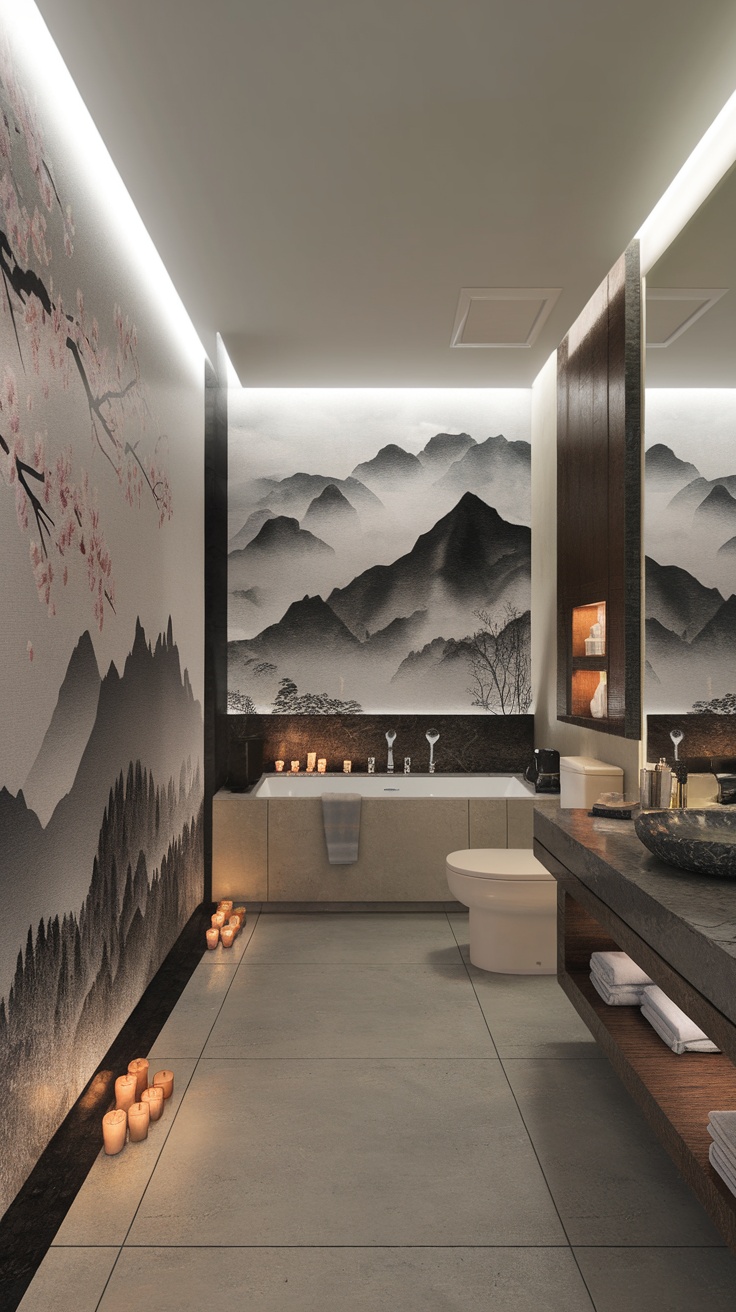 Elegant bathroom with mountain mural and cherry blossom wall art, featuring soft lighting and candles.