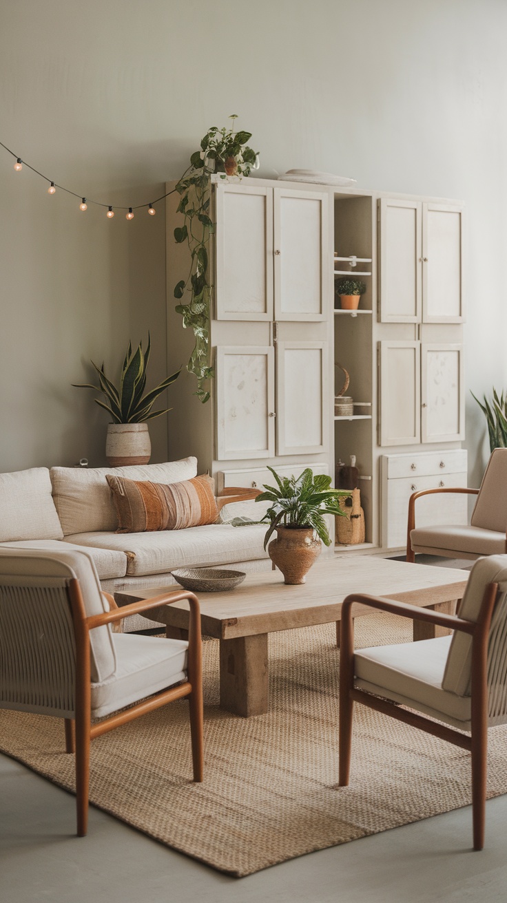 A modern farmhouse living room with plants, a wooden coffee table, and soft seating.