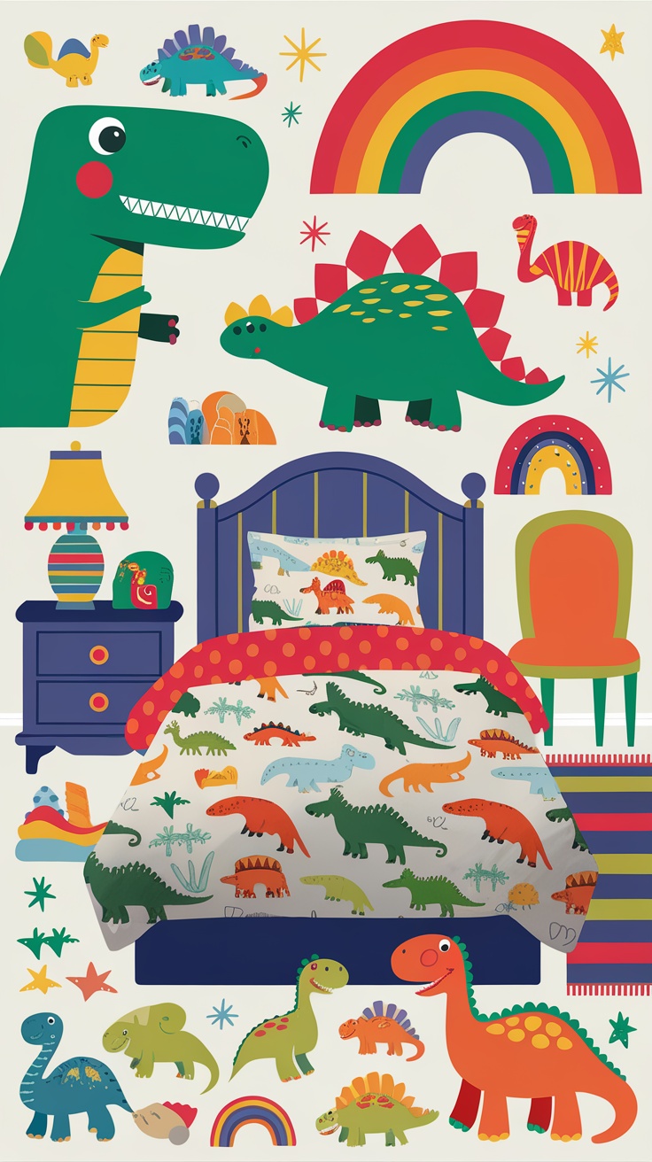 Colorful dinosaur wall decals in a child's bedroom