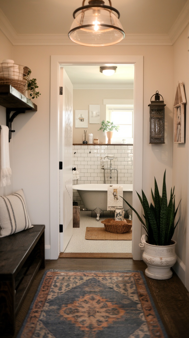 A cozy entryway leading to a bathroom featuring rustic decor, stone tiles, and plants.