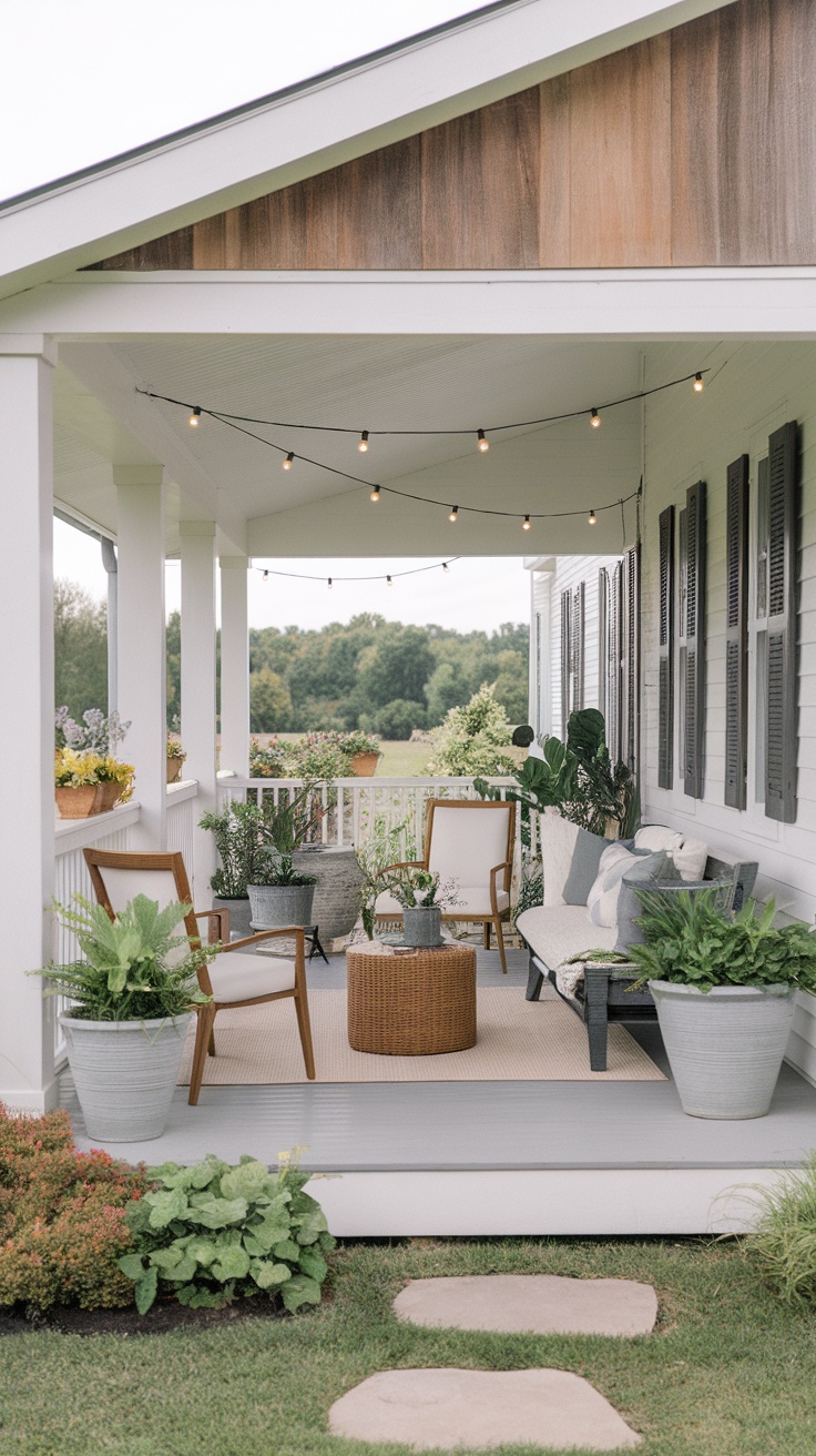 A cozy outdoor seating area with plants and warm lighting in a modern farmhouse style.