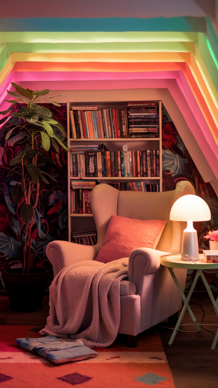 Cozy reading nook featuring colorful layered lighting, a comfy chair, and a small bookshelf.