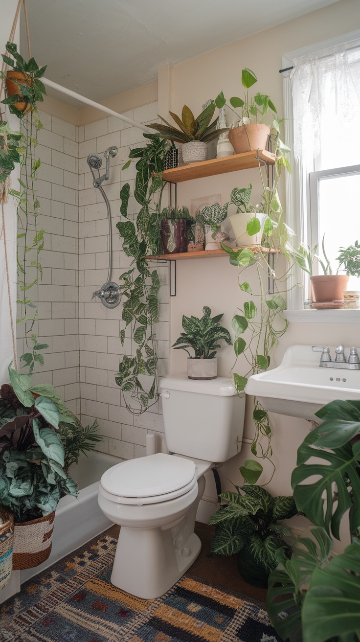 Small bathroom filled with various plants, showcasing a cozy and vibrant atmosphere.