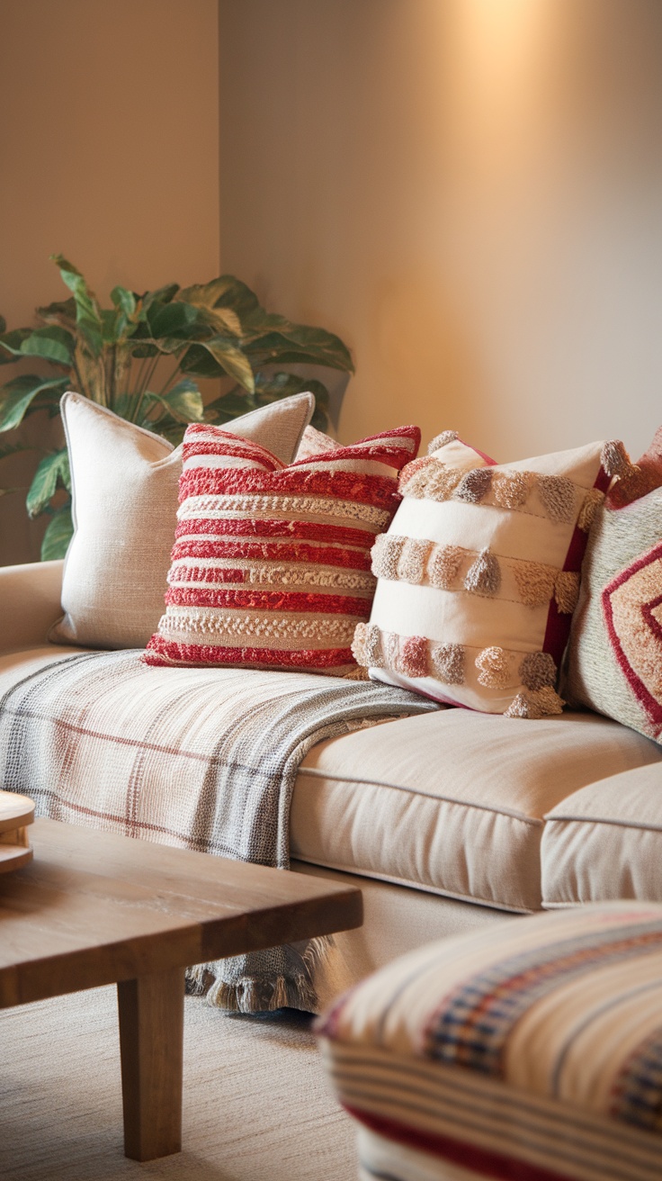 A cozy sofa with colorful throw pillows, featuring a mix of textures and vibrant patterns.