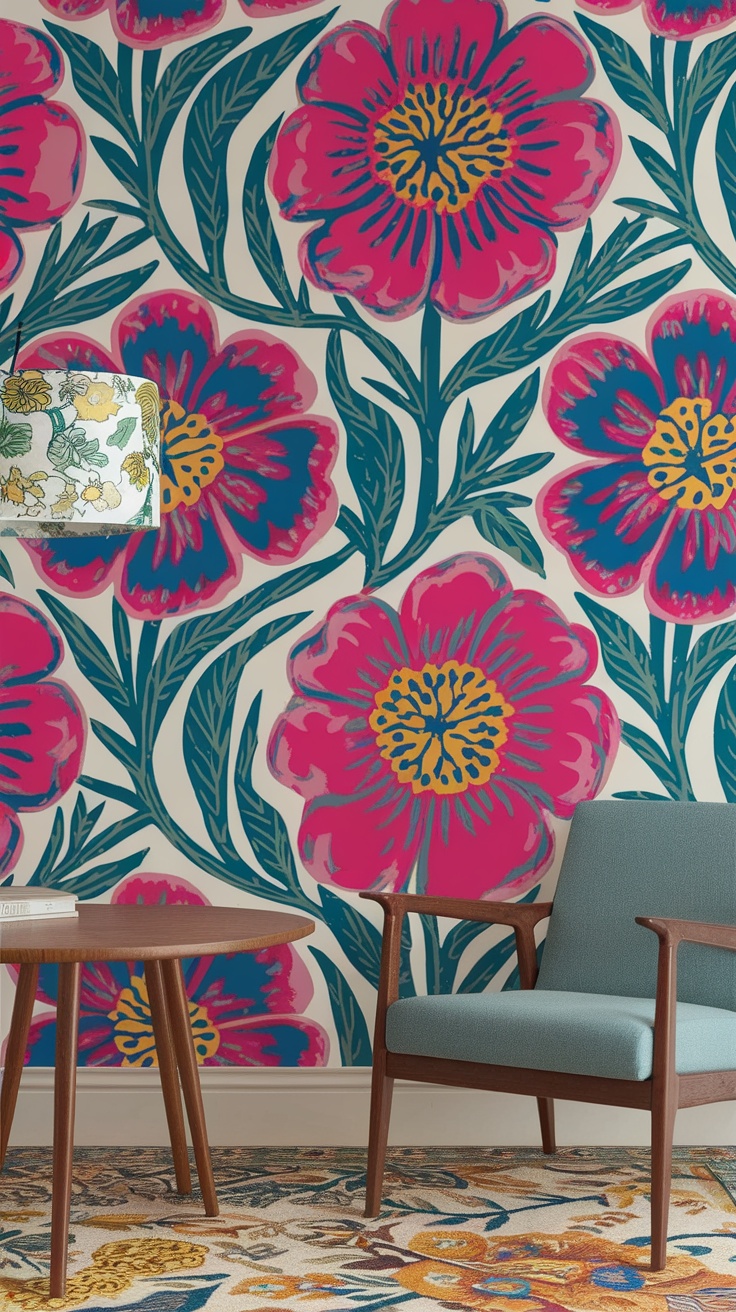 A bright floral wallpaper featuring large pink flowers with teal leaves, accompanied by a stylish blue chair and wooden table.