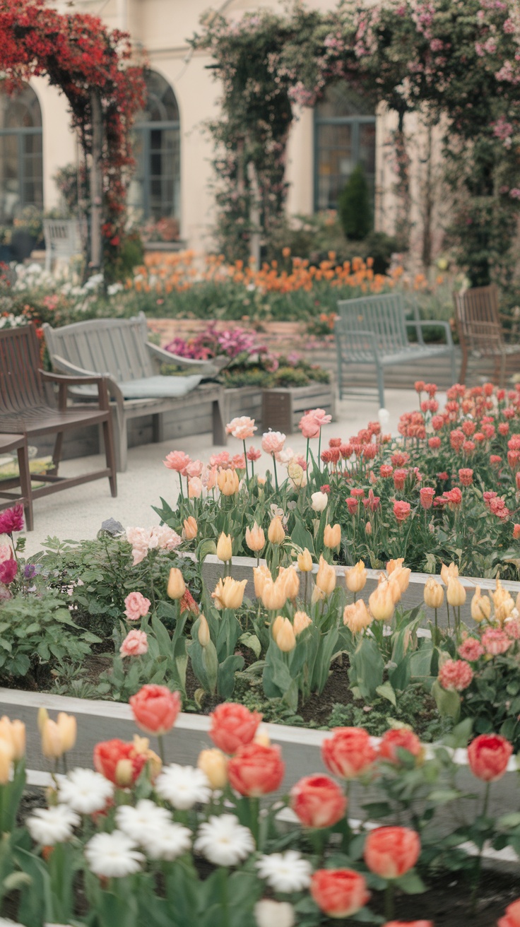 A vibrant garden filled with colorful flowers and comfortable seating.