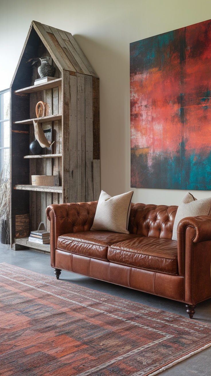 A stylish living room featuring a vintage modern leather sofa and a rustic wooden shelf.