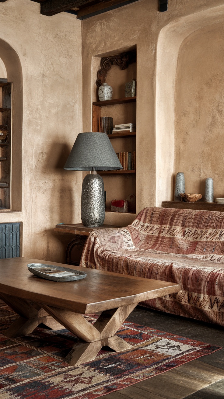 A cozy living room featuring a rustic coffee table, textured throw, and earthy color palette.