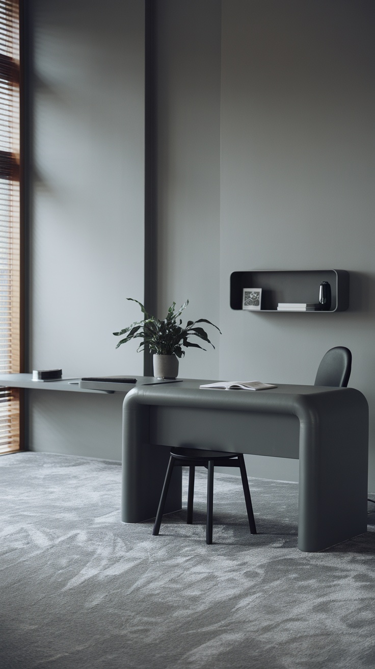 A sleek, modern home office with a monochromatic grey color scheme, featuring a stylish desk and plant.