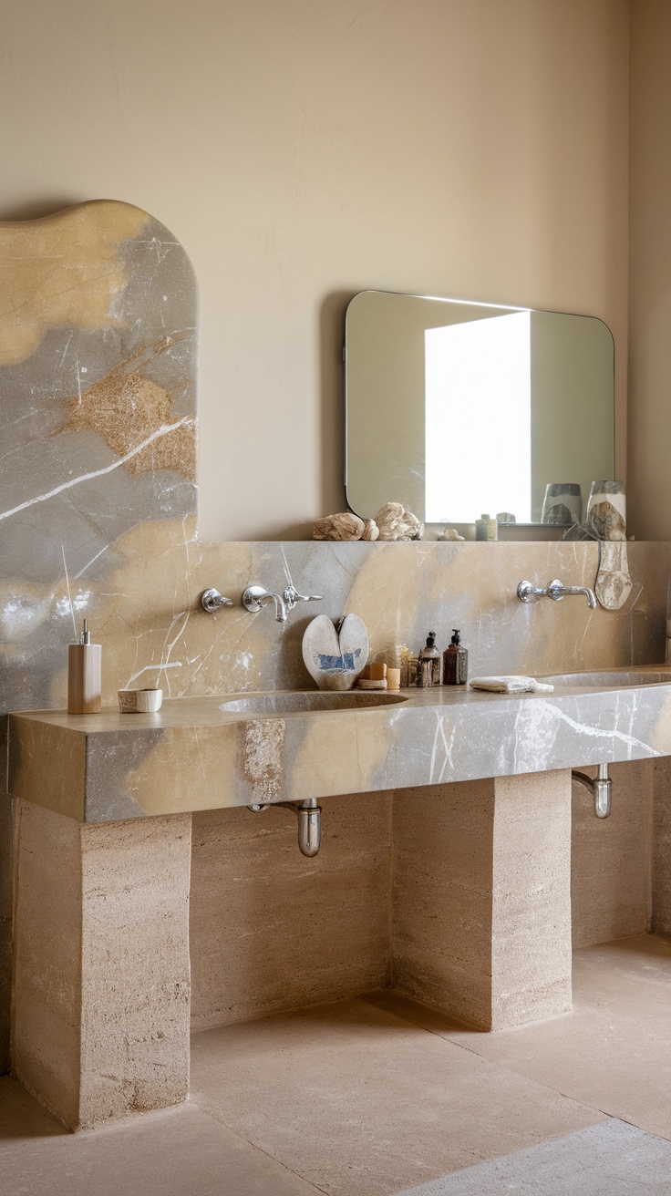 A modern bathroom featuring natural stone countertops with earthy tones and a rustic sink area.