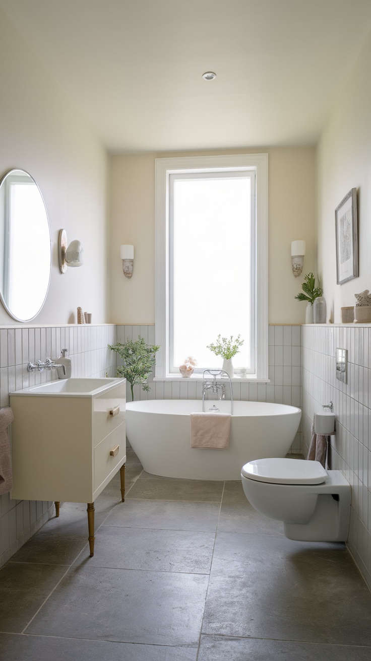 A serene bathroom with a neutral color palette, featuring a stone-tiled floor, a freestanding tub, and wooden decor elements.