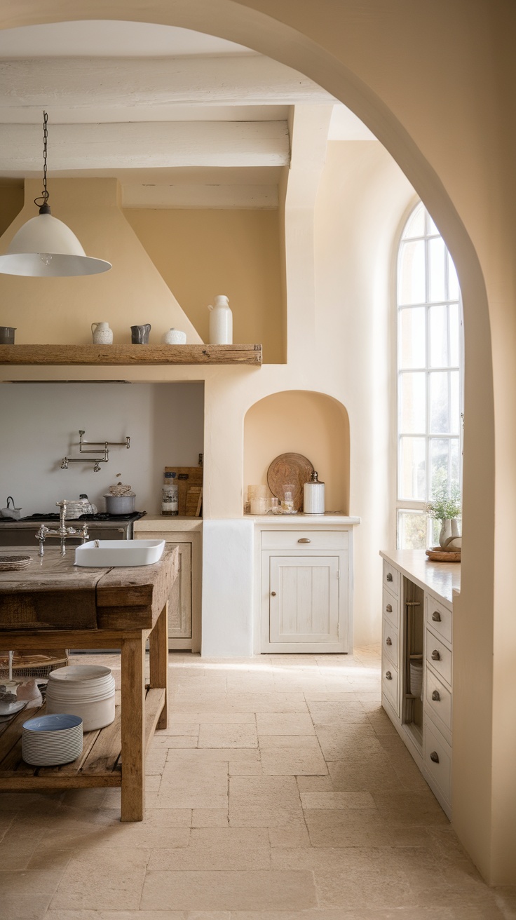 A warm and inviting kitchen with neutral colors and rustic wooden accents.