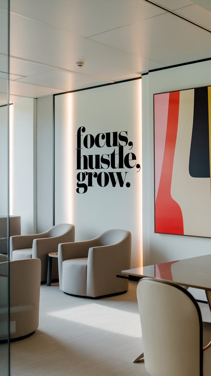 Modern office with teal walls featuring motivational wall art and plants.