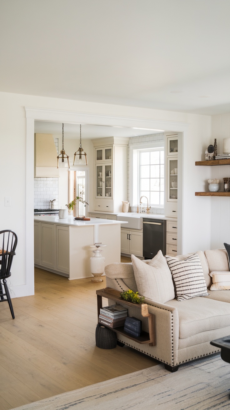 A bright and airy open concept living space featuring a comfortable sofa, stylish decor, and a modern kitchen.