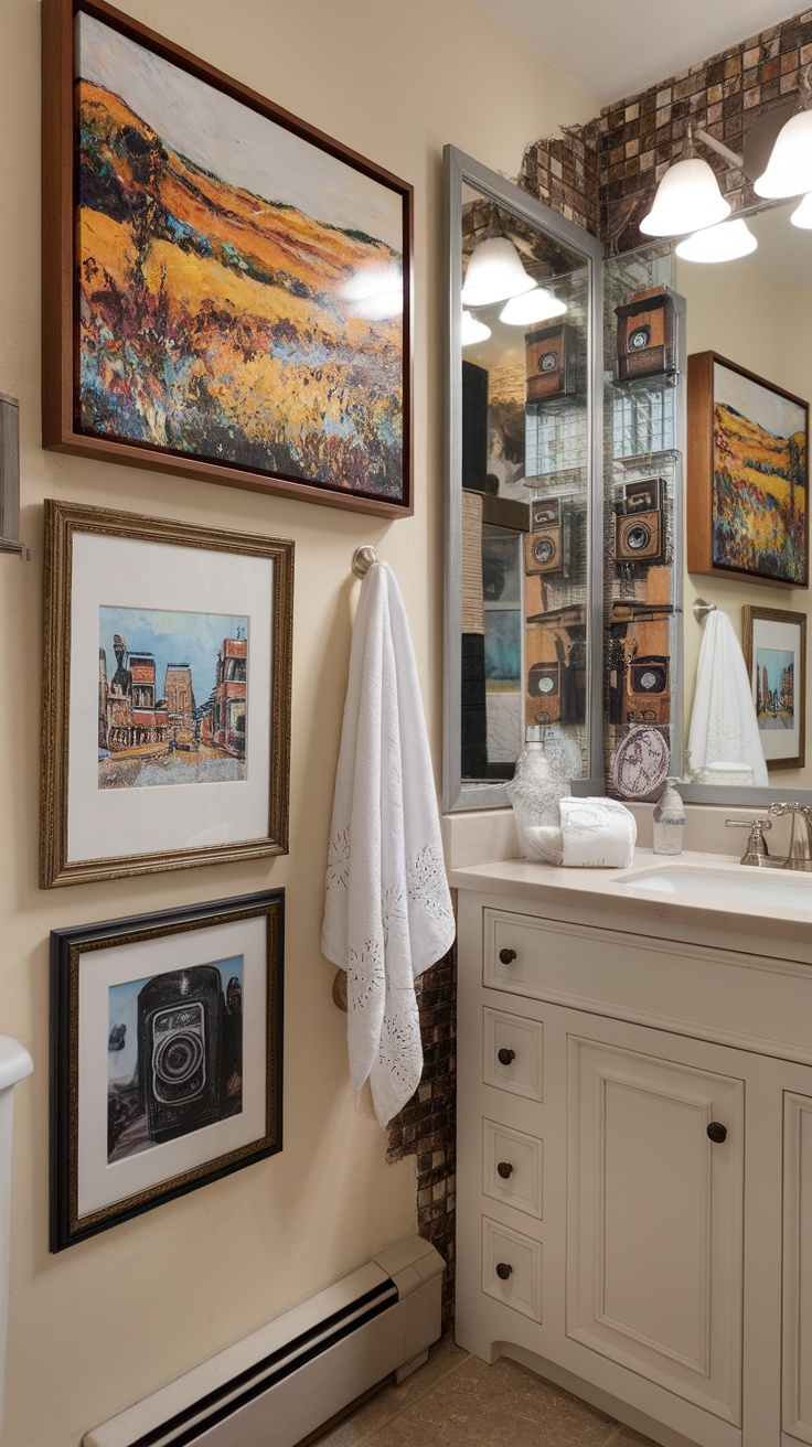 A cozy bathroom featuring personalized artwork displays with framed paintings and photographs.