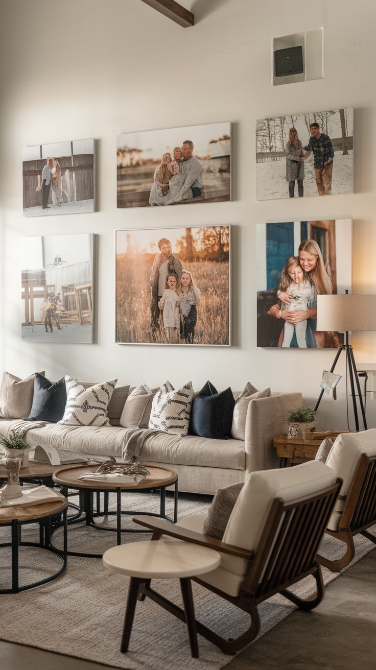 A cozy farmhouse living room featuring family photos on the walls, comfortable seating, and warm tones.