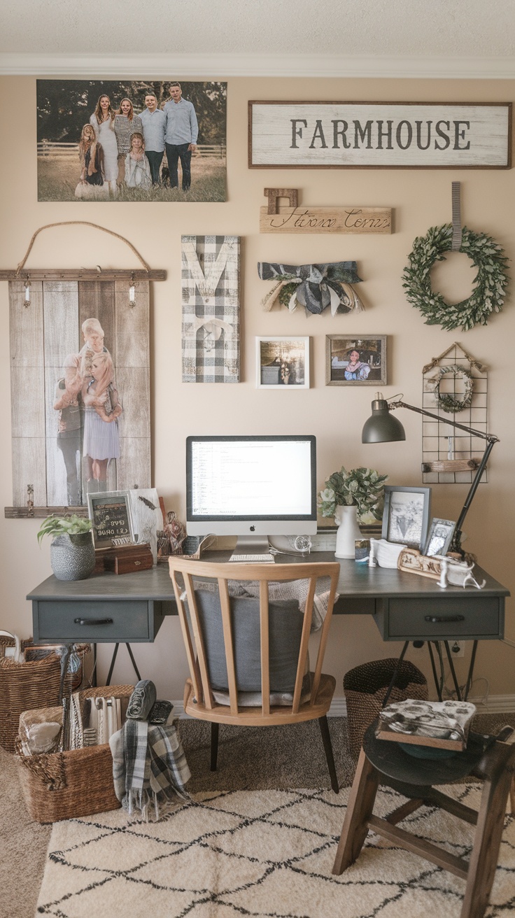 Cozy workspace with farmhouse décor featuring family photos and a comfortable chair.