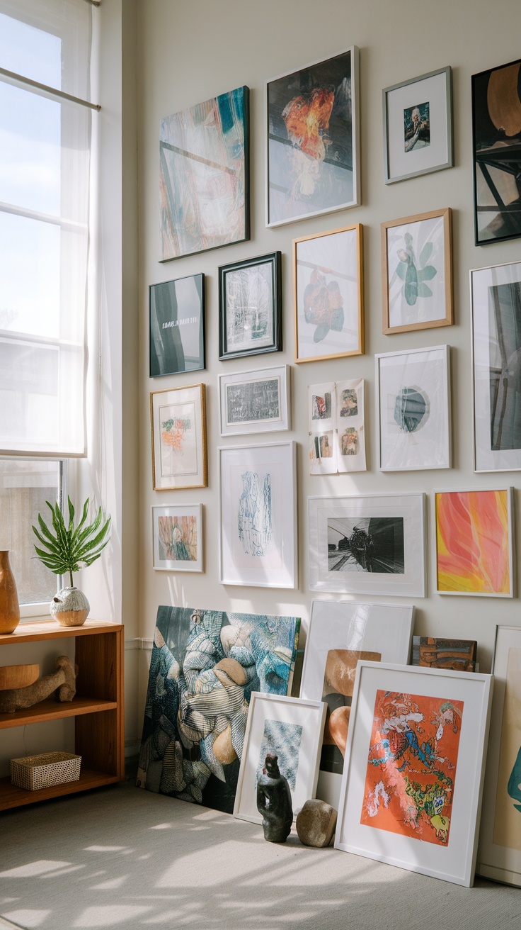 A vibrant display of various framed artworks on a wall, featuring a mix of abstract designs and illustrations, with a cozy corner including plants and decorative items.