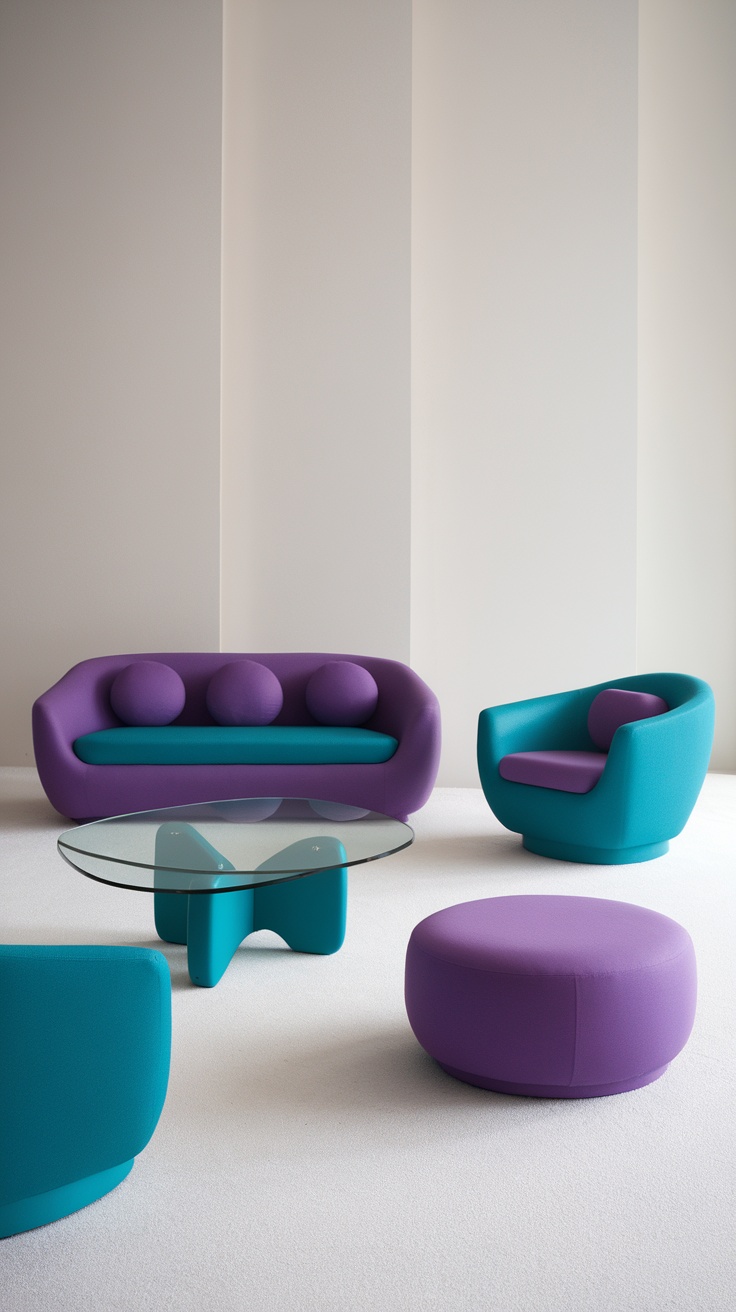 A vibrant seating area featuring a purple sofa, teal armchair, and playful round ottoman.