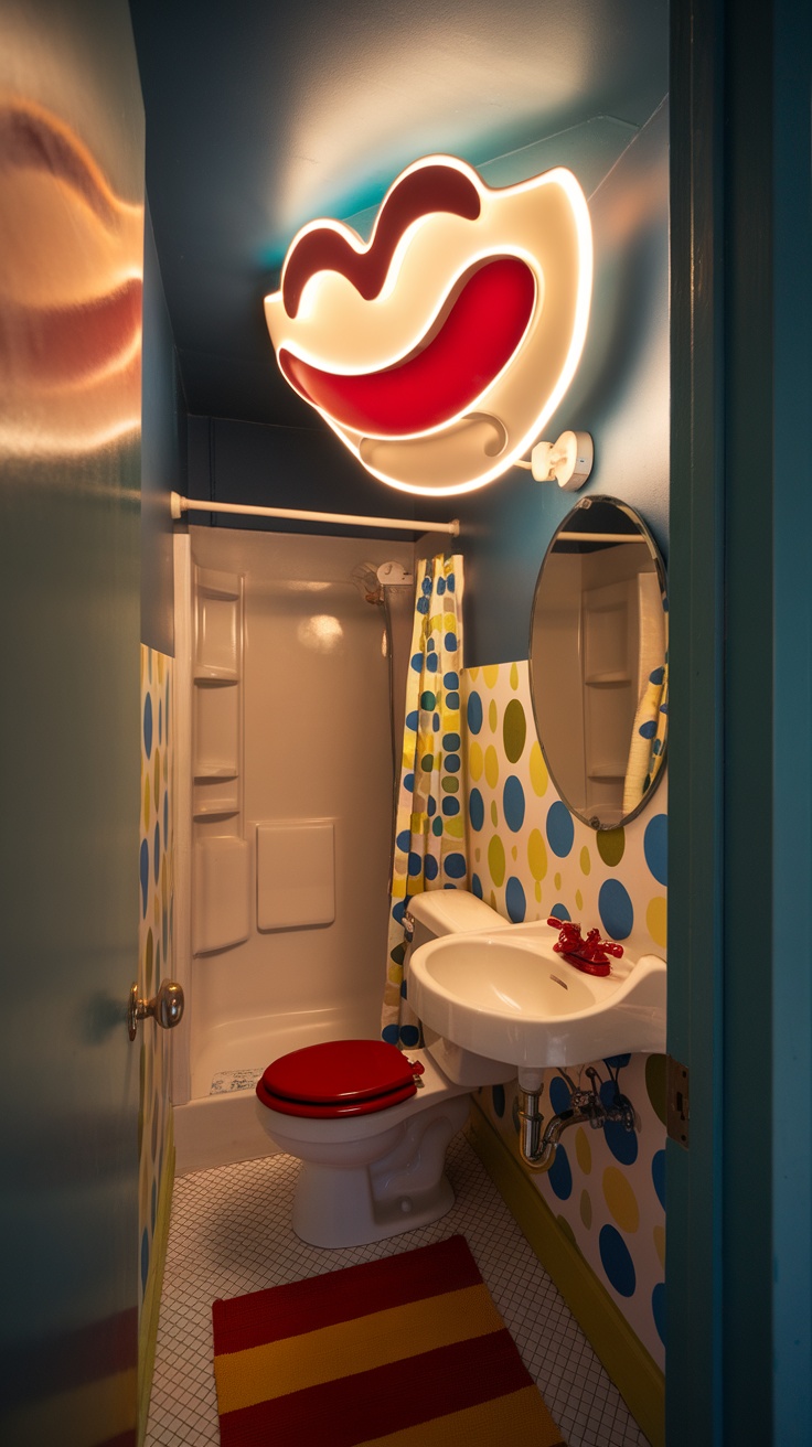 A small bathroom featuring a playful light fixture that looks like a smiling mouth, with colorful polka dot wallpaper and bright decor.