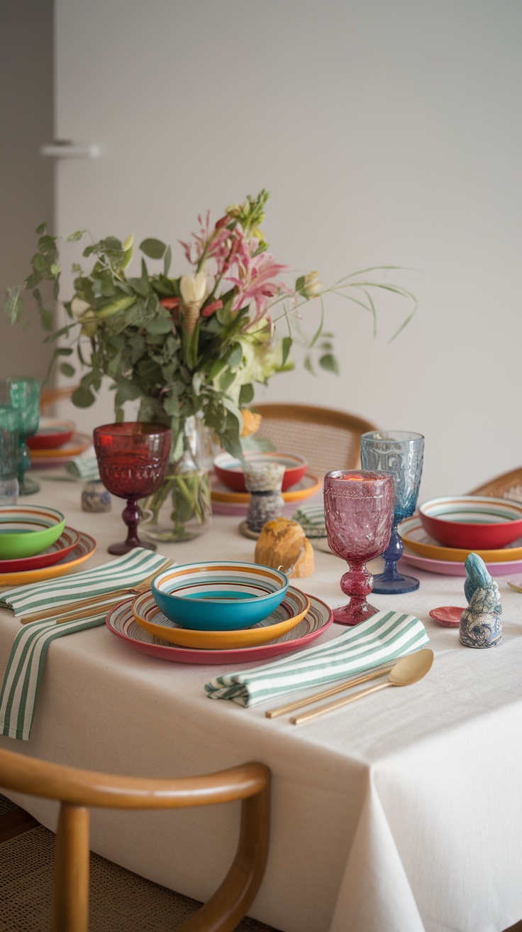 A vibrant table setting with colorful plates, glasses, and a floral centerpiece