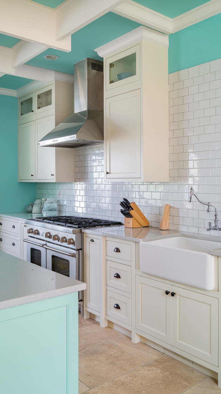 A modern kitchen featuring turquoise walls and white cabinetry, showcasing a bright and refreshing design.