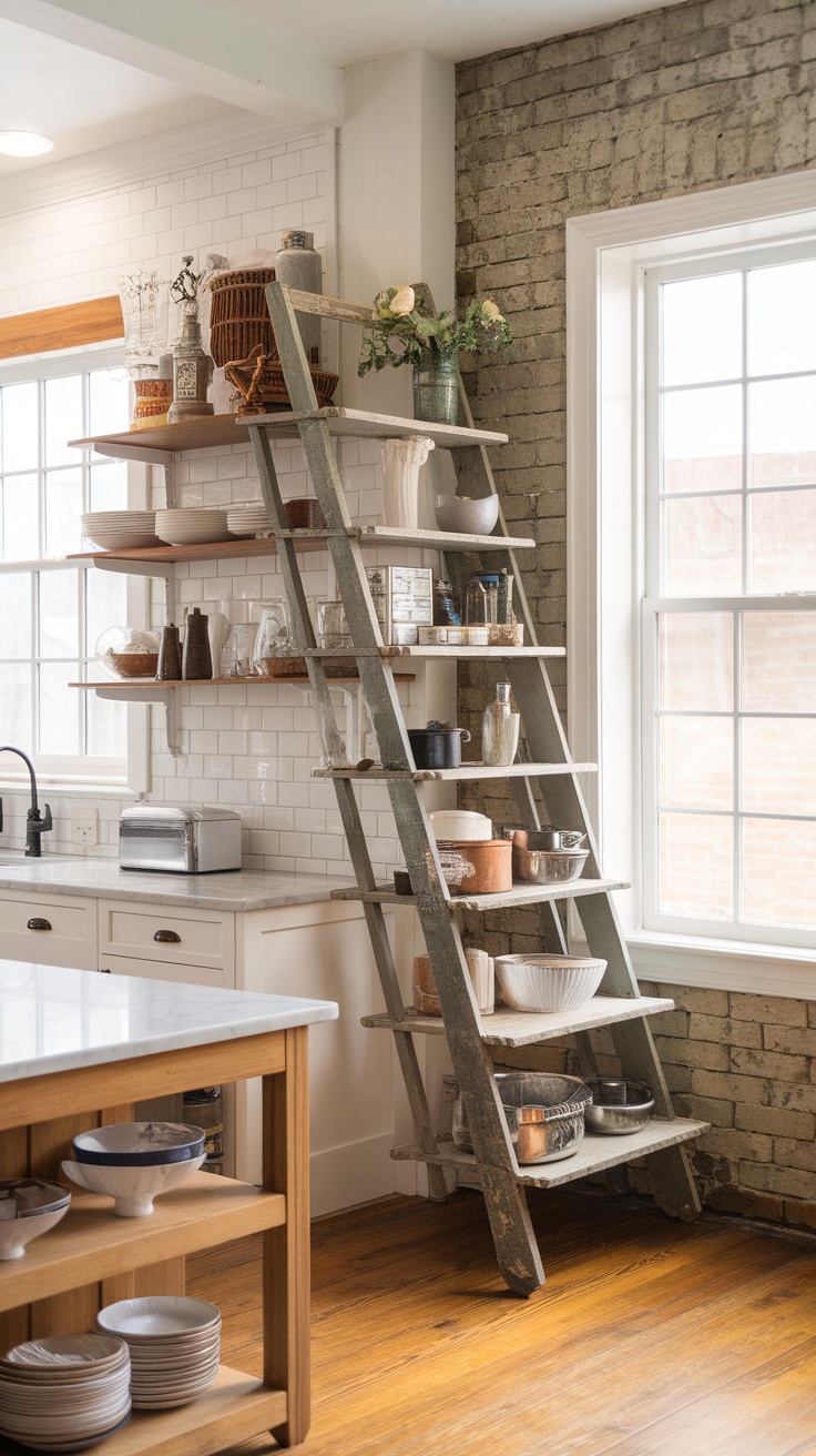 A rustic ladder shelf displaying vintage kitchen accessories and decor in a modern farmhouse kitchen.