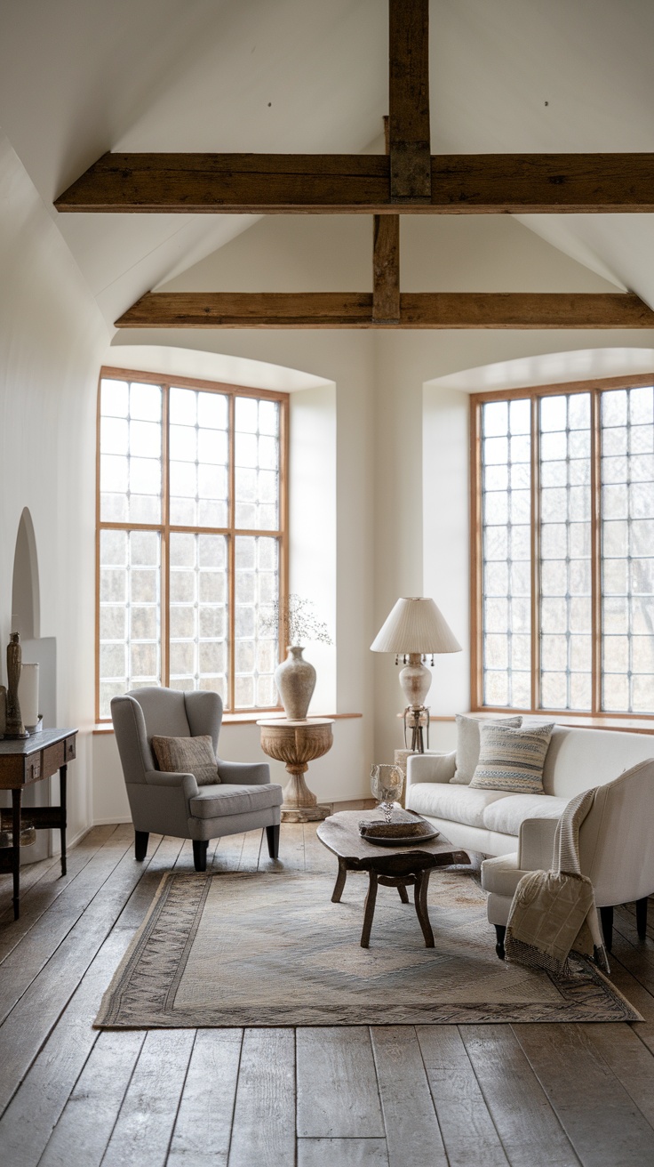 A serene living room with vintage decor, featuring large windows and wooden beams.