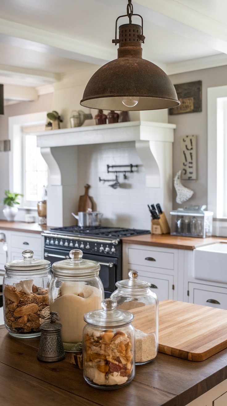 A rustic kitchen with glass jars and a vintage light fixture.