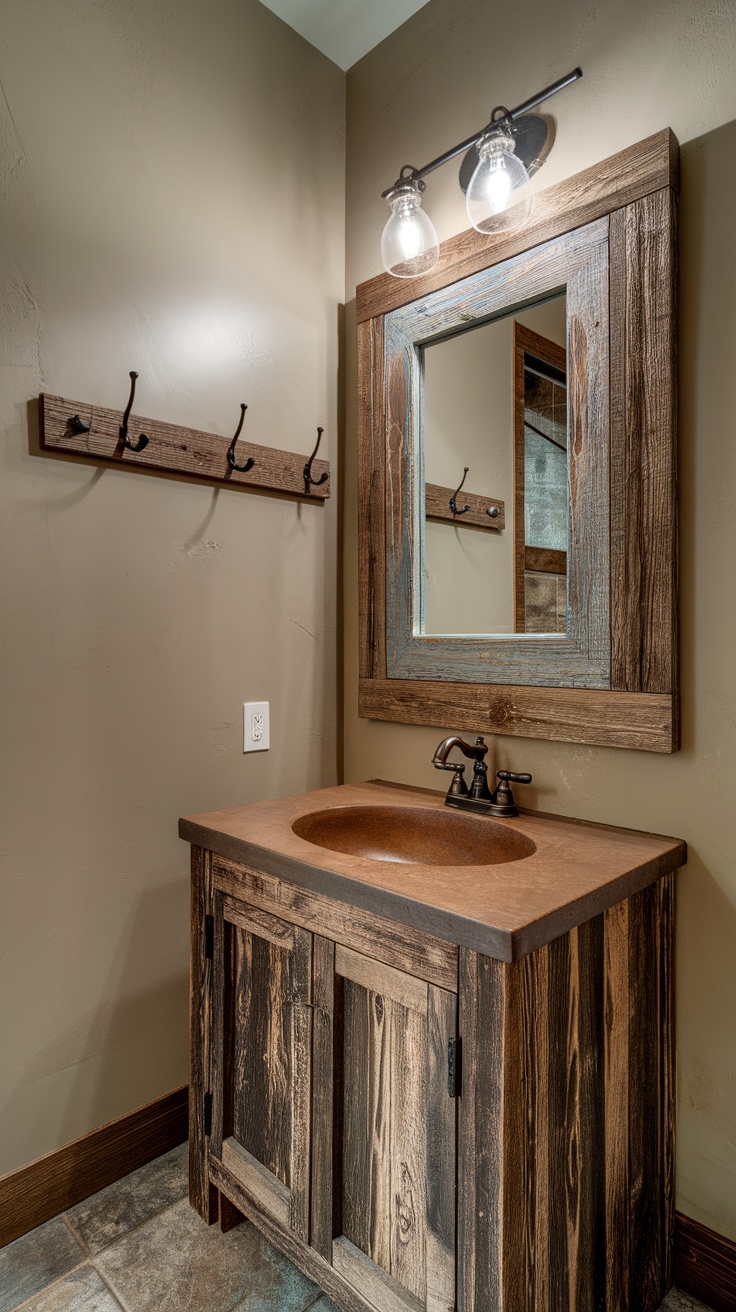 A rustic wooden mirror above a sink in a stylish bathroom, showcasing farmhouse decor.