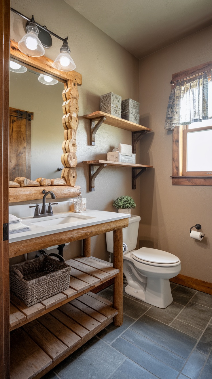 Rustic bathroom with wooden accents, stone tile floor, and natural decor.