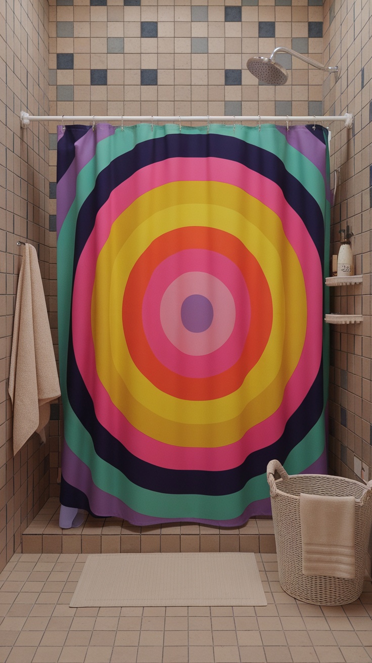 A colorful shower curtain with concentric circles in shades of pink, yellow, purple, and green in a tiled bathroom.