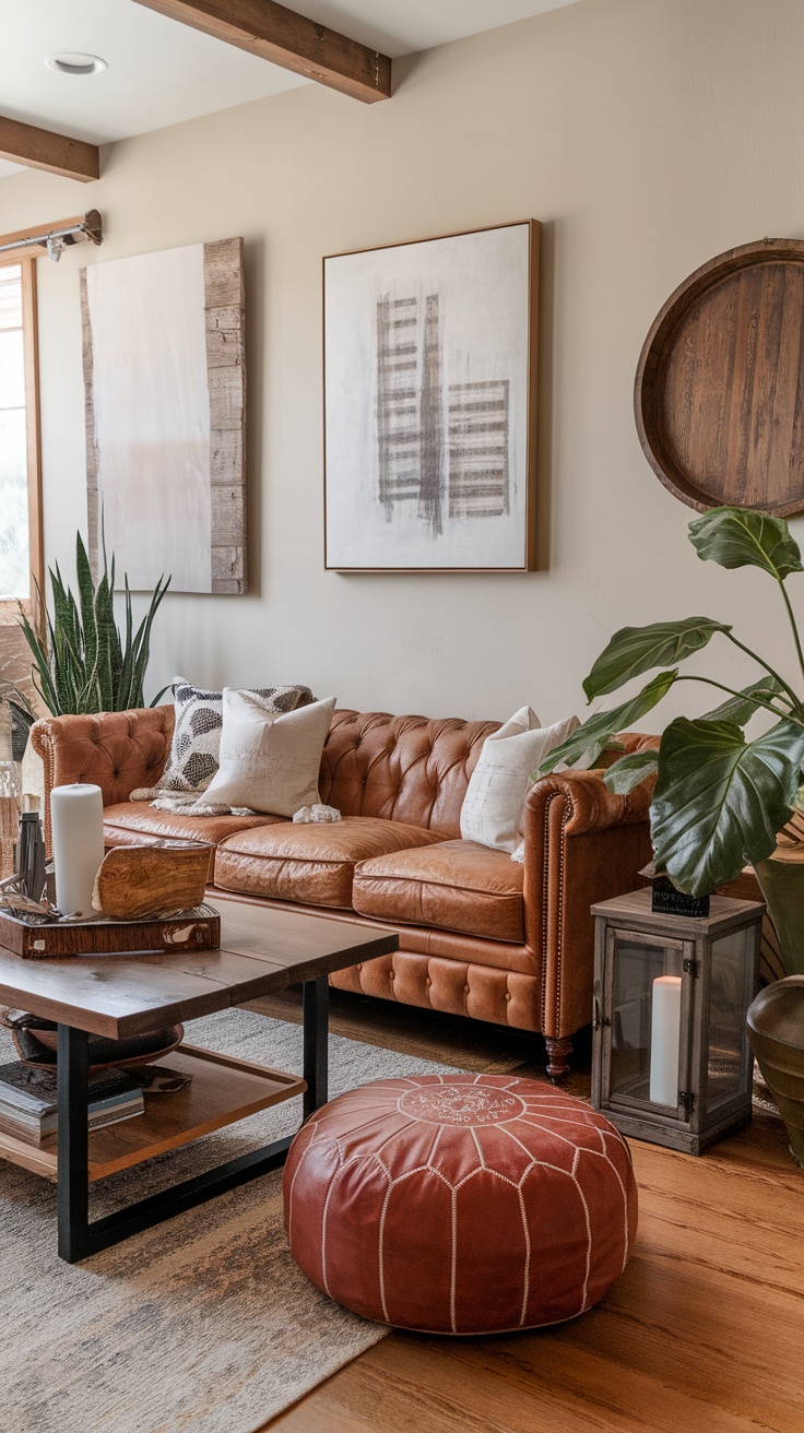 Cozy living room with a leather couch and decorative elements.