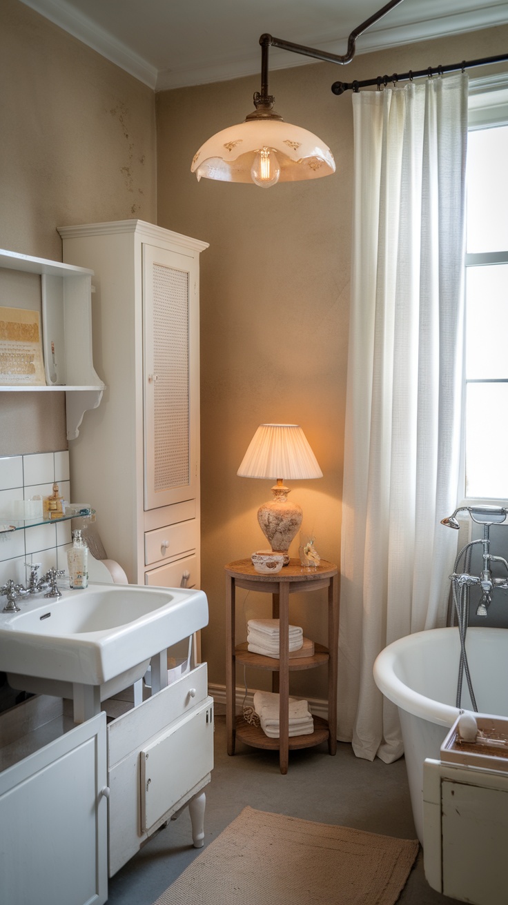 A cozy bathroom featuring shabby chic lighting fixtures with a vintage pendant lamp and a soft table lamp, enhancing the rustic decor.