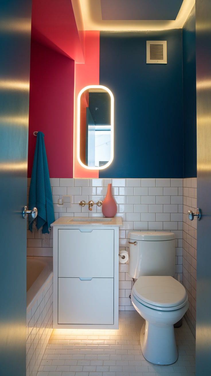 Stylish small bathroom featuring vibrant wall colors, modern lighting, and minimalist decor.