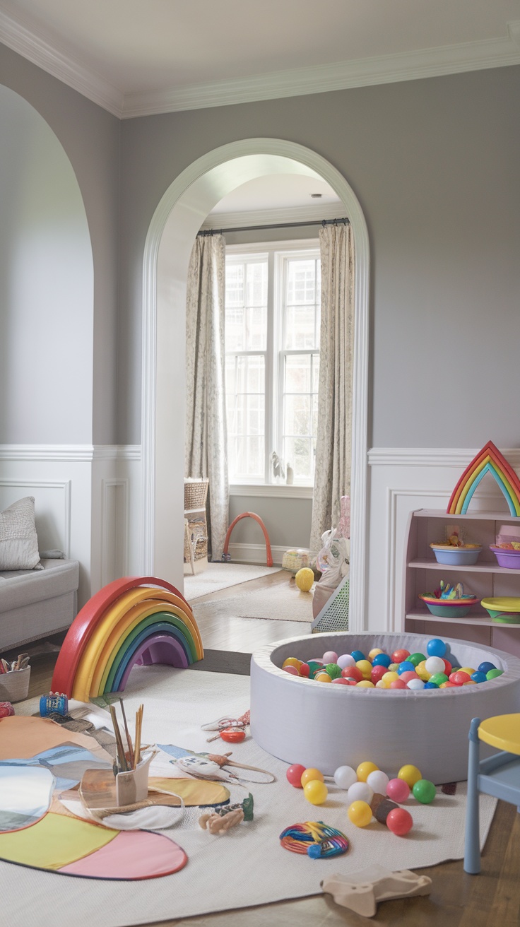 A playroom featuring soft gray walls, a colorful rainbow toy, a ball pit, and playful decor