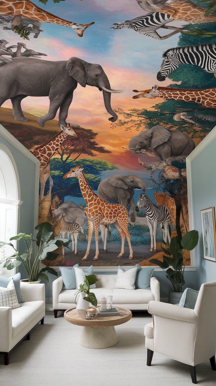 A beautifully painted ceiling mural featuring elephants, giraffes, and zebras against a colorful sunset, in a cozy living room setting.