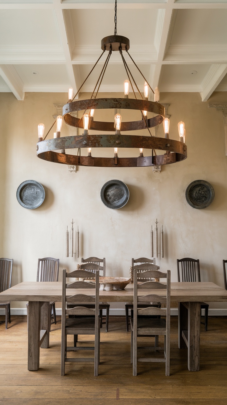 A rustic chandelier hanging above a wooden dining table with simple chairs in a modern farmhouse setting.