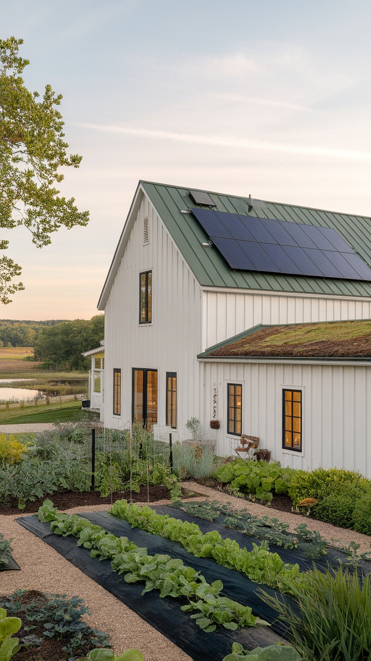 A modern farmhouse with solar panels and a vegetable garden.