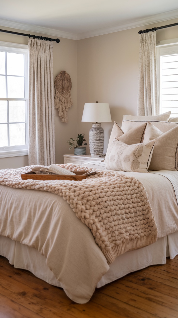 Cozy bedroom with textured fabrics, soft furnishings, and natural light