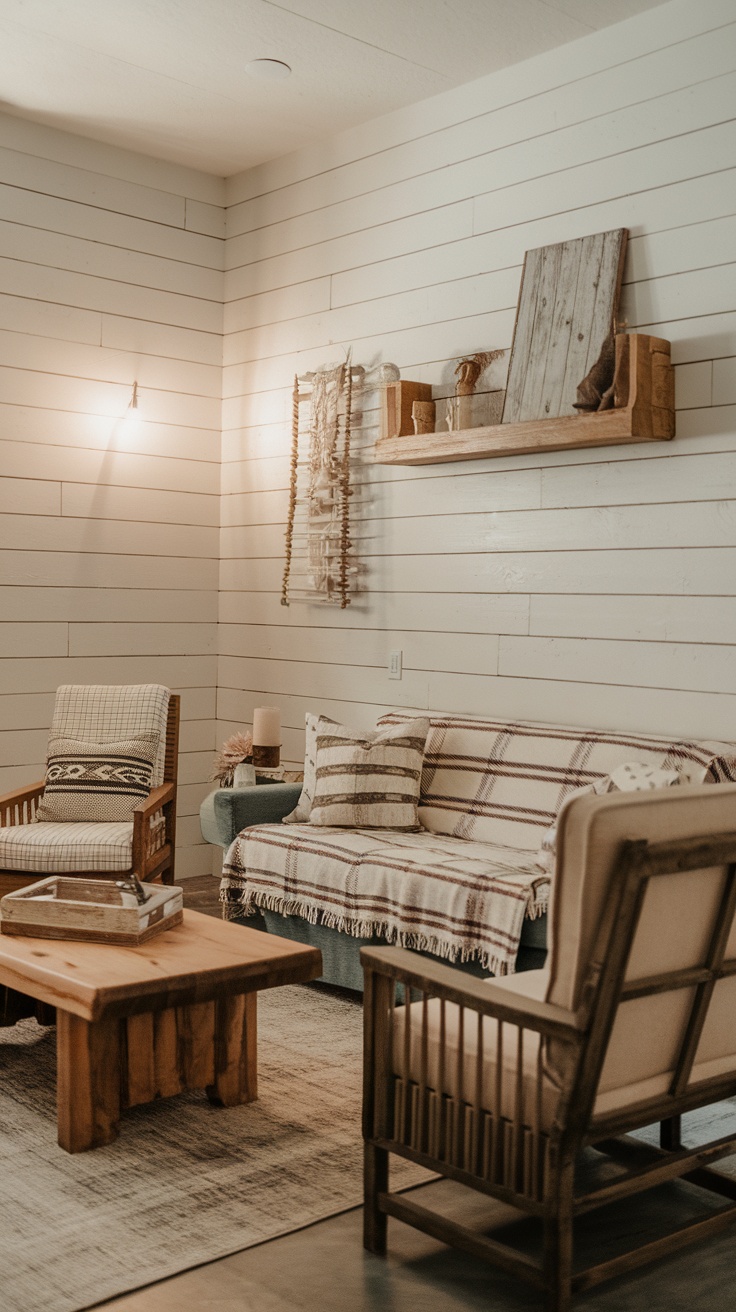 A cozy living room with shiplap walls and rustic furniture.