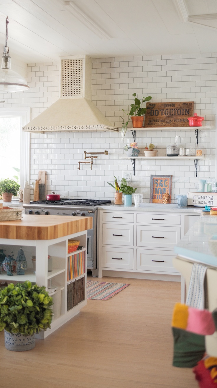 A bright and airy kitchen with white cabinets, colorful accents, and plants, showcasing modern farmhouse décor.