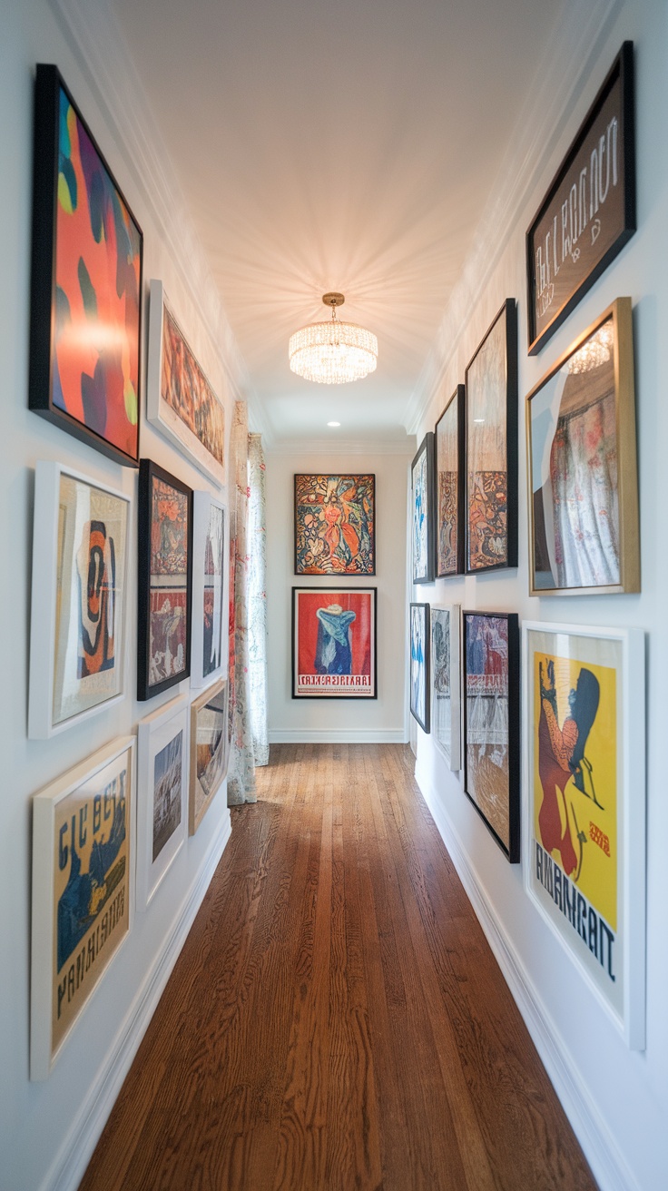 A hallway decorated with a variety of framed wall art and a chandelier.